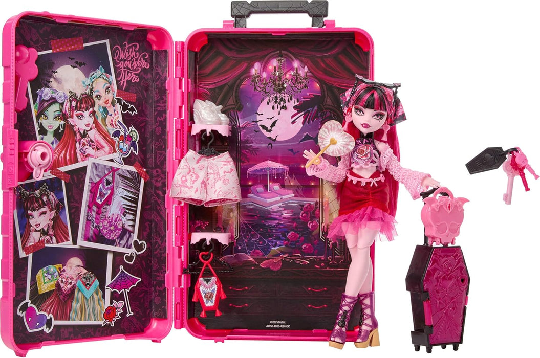 Monster High Skulltimate Secrets Draculaura-Puppe und Zubehörset, Destination: Gore-geous Oasis mit Koffer und über 19 Zubehörteilen wie Kleidung, JDR50