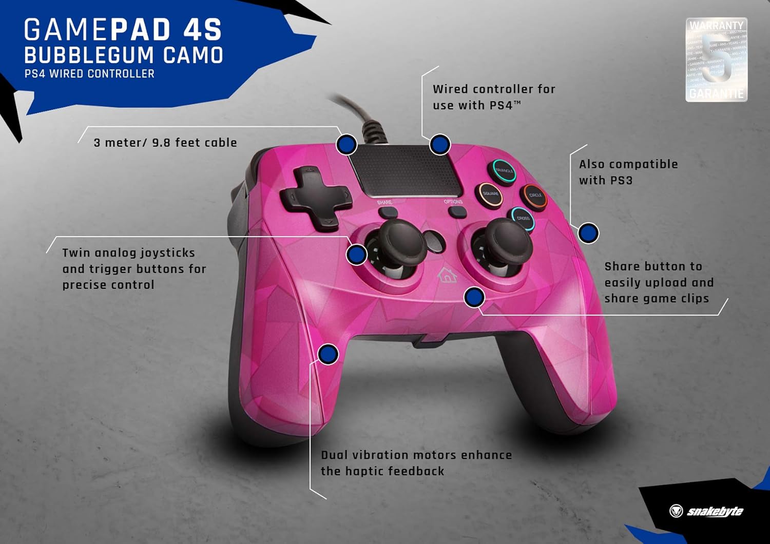snakebyte GAMEPAD 4S - bubblegum - Controller voor PlayStation 4 / PS4 Slim/Pro / PS3, analoge dubbele joysticks, pc-compatibel (Windows 7/8/10), kabellengte van 3 m, touchpad, haptische feedback