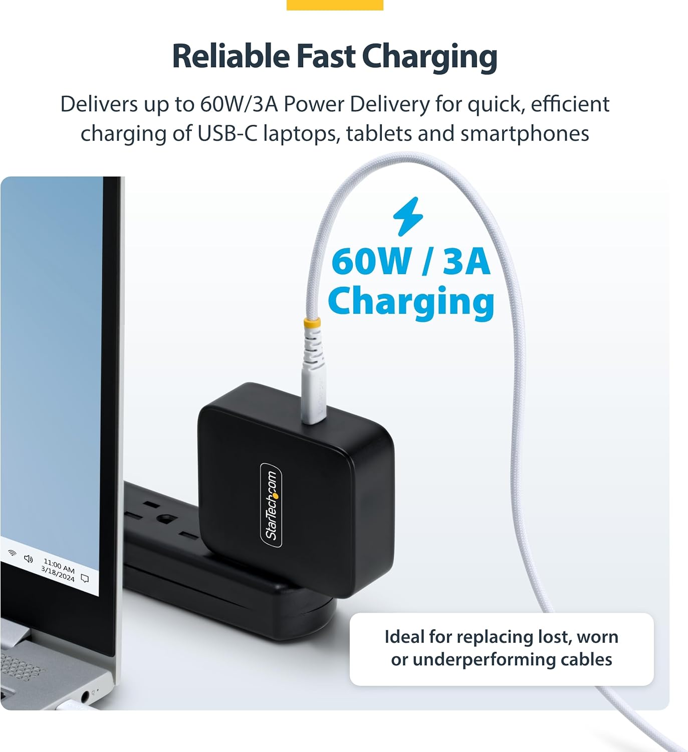 StarTech.com 15cm (6in) White USB-C Charging Cable, 60W (3A) PD, Dual-Layer Braided Nylon/TPE Jacket, Rugged USB C Charger Cord