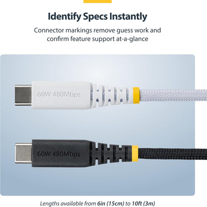 StarTech.com 15cm (6in) White USB-C Charging Cable, 60W (3A) PD, Dual-Layer Braided Nylon/TPE Jacket, Rugged USB C Charger Cord