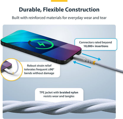StarTech.com 15cm (6in) White USB-C Charging Cable, 60W (3A) PD, Dual-Layer Braided Nylon/TPE Jacket, Rugged USB C Charger Cord