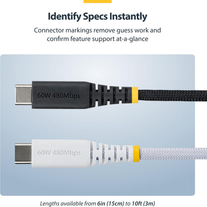 StarTech.com Cable de Carga USB-C Trenzado de TPE y Nailon 30cm - Cable USB Tipo C para Portátil USB 2.0 - PD 60W 3A - Negro