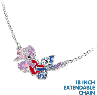 `Disney - Brass Slv Plt 18 Stitch And Angel Enamel Heart Necklace```