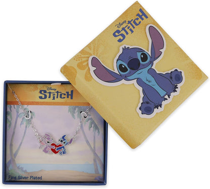 `Disney - Brass Slv Plt 18 Stitch And Angel Enamel Heart Necklace```