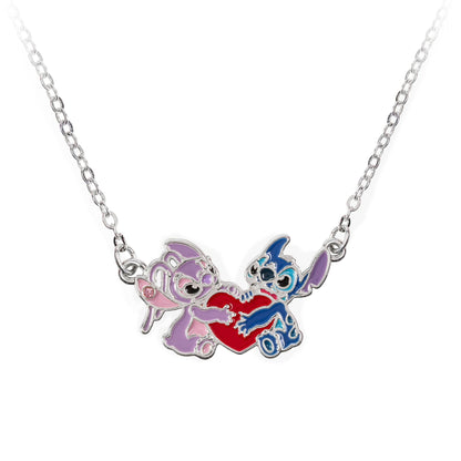 `Disney - Brass Slv Plt 18 Stitch And Angel Enamel Heart Necklace```