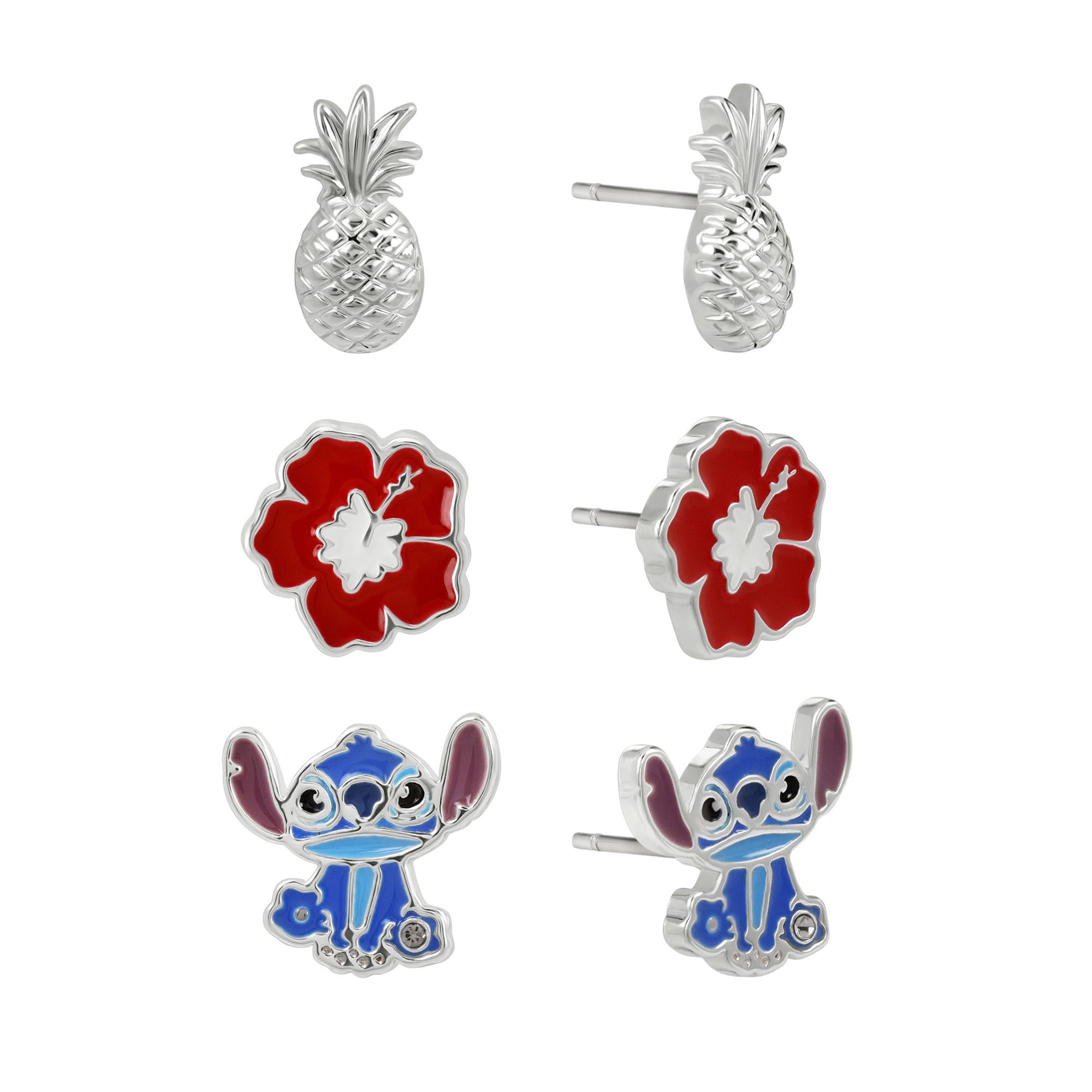 Disney Stitch Girls Silver Plated Tropical Flower 3 Piece Earring Set