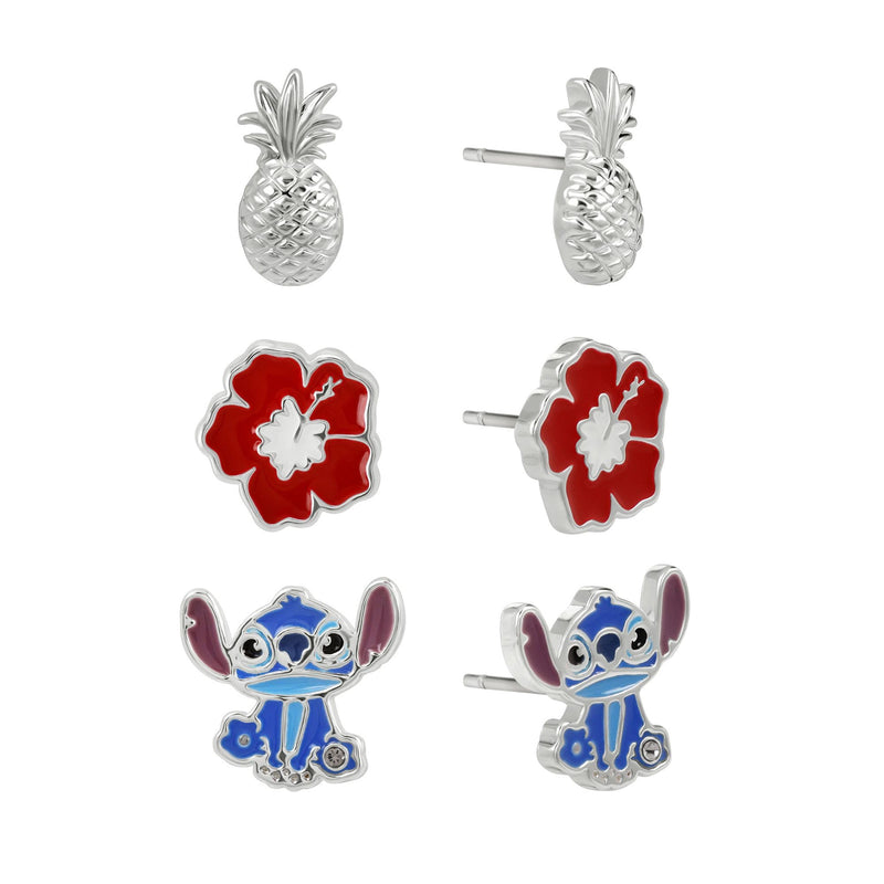 Disney Stitch Girls Silver Plated Tropical Flower 3 Piece Earring Set