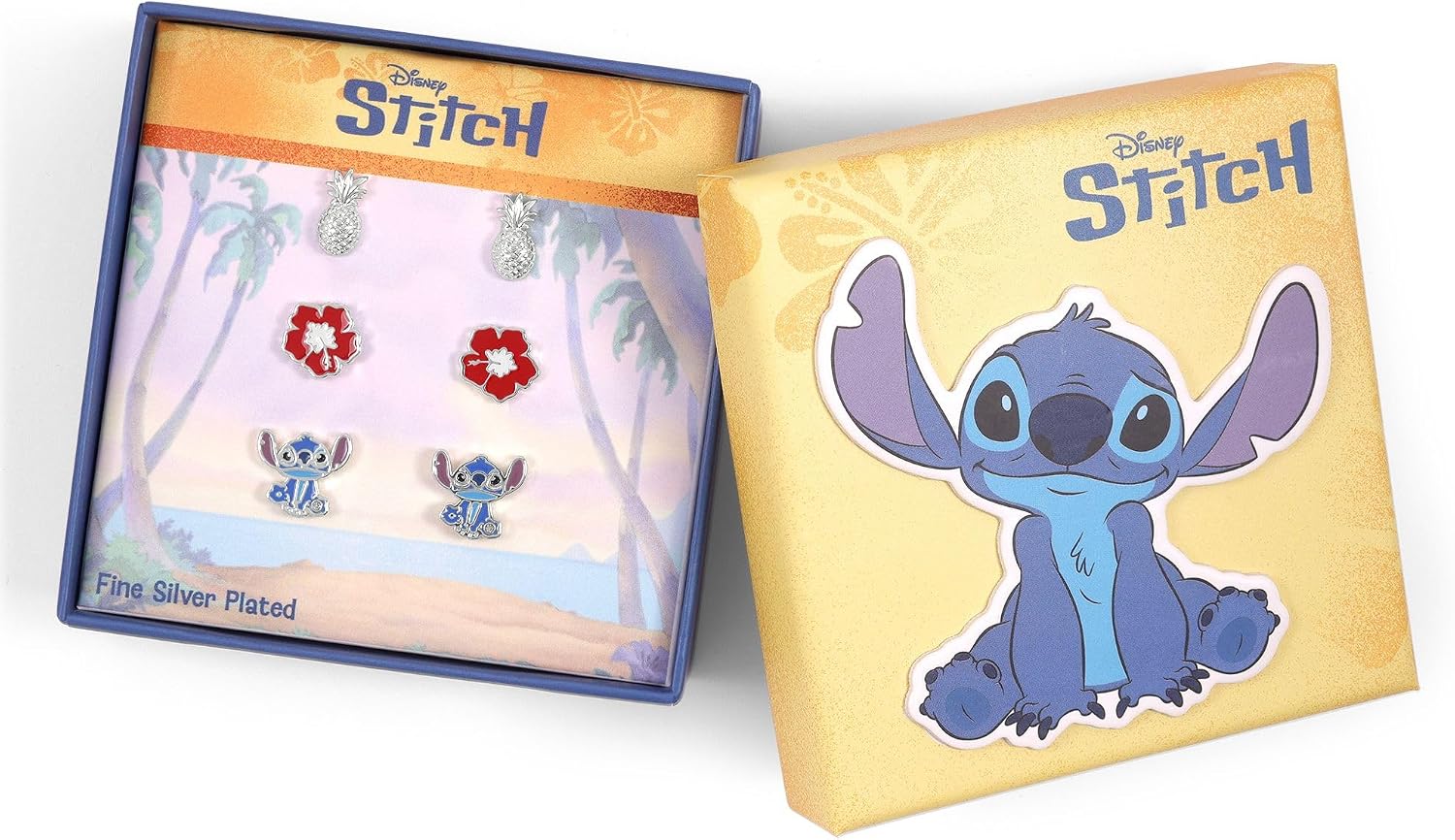 Disney Stitch Girls Silver Plated Tropical Flower 3 Piece Earring Set