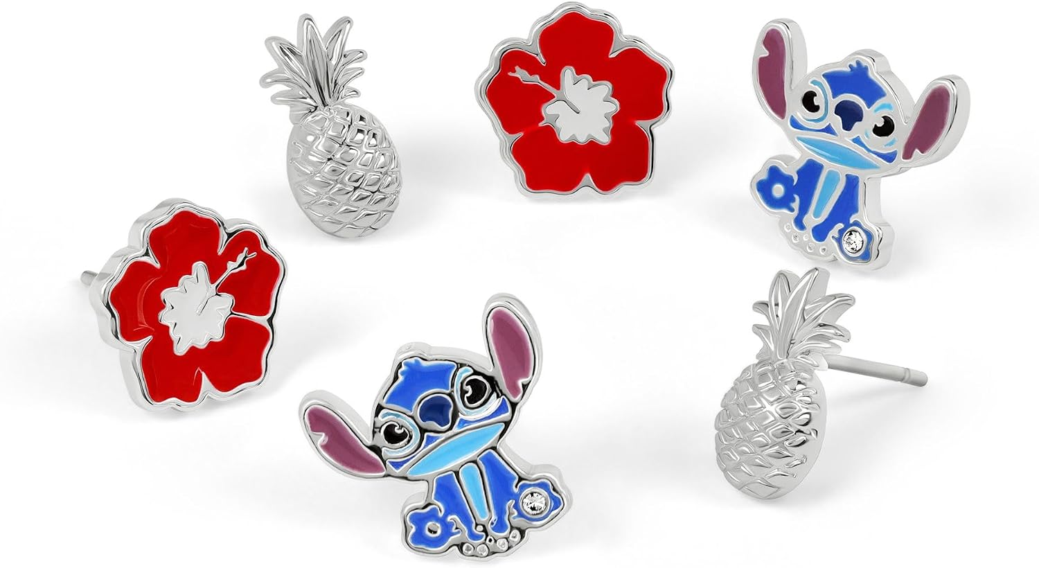 Disney Stitch Girls Silver Plated Tropical Flower 3 Piece Earring Set
