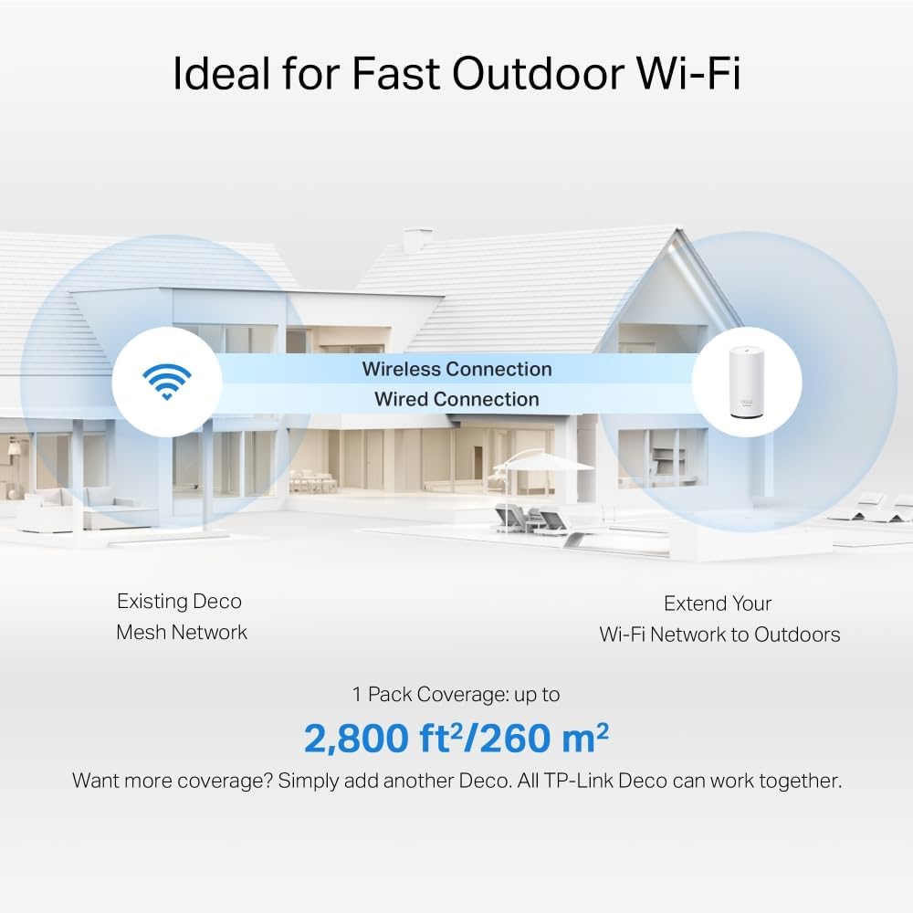 TP-Link Wi-Fi 7 Deco BE25-Outdoor Mesh WiFi BE3600Mbps, External Access Point, Dual-Band, 2 Ports 2.5Gbps, IP65, 4 Internal Antennas, Dust/Water Resistance, Pole/Wall, Alim. PoE/AC, Alexa, 1 Piece