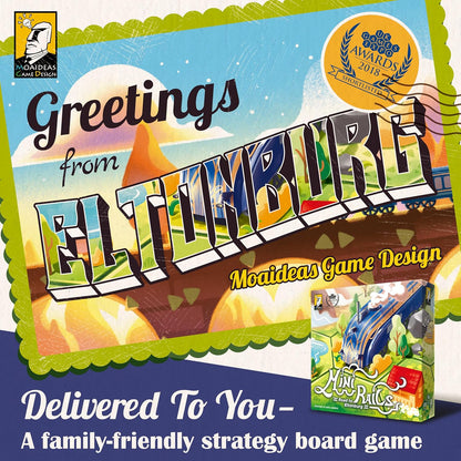 Mini Rails: Road to Eltonburg — by Moaideas Game Design | Family Cube Rail Experience | Double-Sided Modular Hex Board | 72 Train + 10 Animal Meeples | Solo Bot Cards | 1-5 Players | 20-40 Minutes