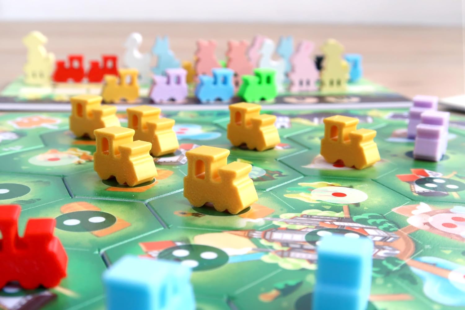 Mini Rails: Road to Eltonburg — by Moaideas Game Design | Family Cube Rail Experience | Double-Sided Modular Hex Board | 72 Train + 10 Animal Meeples | Solo Bot Cards | 1-5 Players | 20-40 Minutes