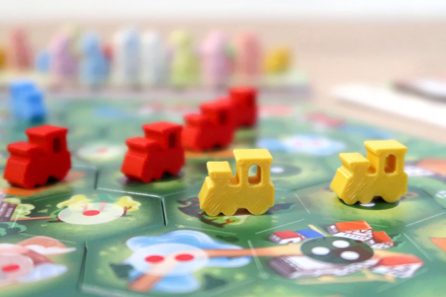 Mini Rails: Road to Eltonburg — by Moaideas Game Design | Family Cube Rail Experience | Double-Sided Modular Hex Board | 72 Train + 10 Animal Meeples | Solo Bot Cards | 1-5 Players | 20-40 Minutes