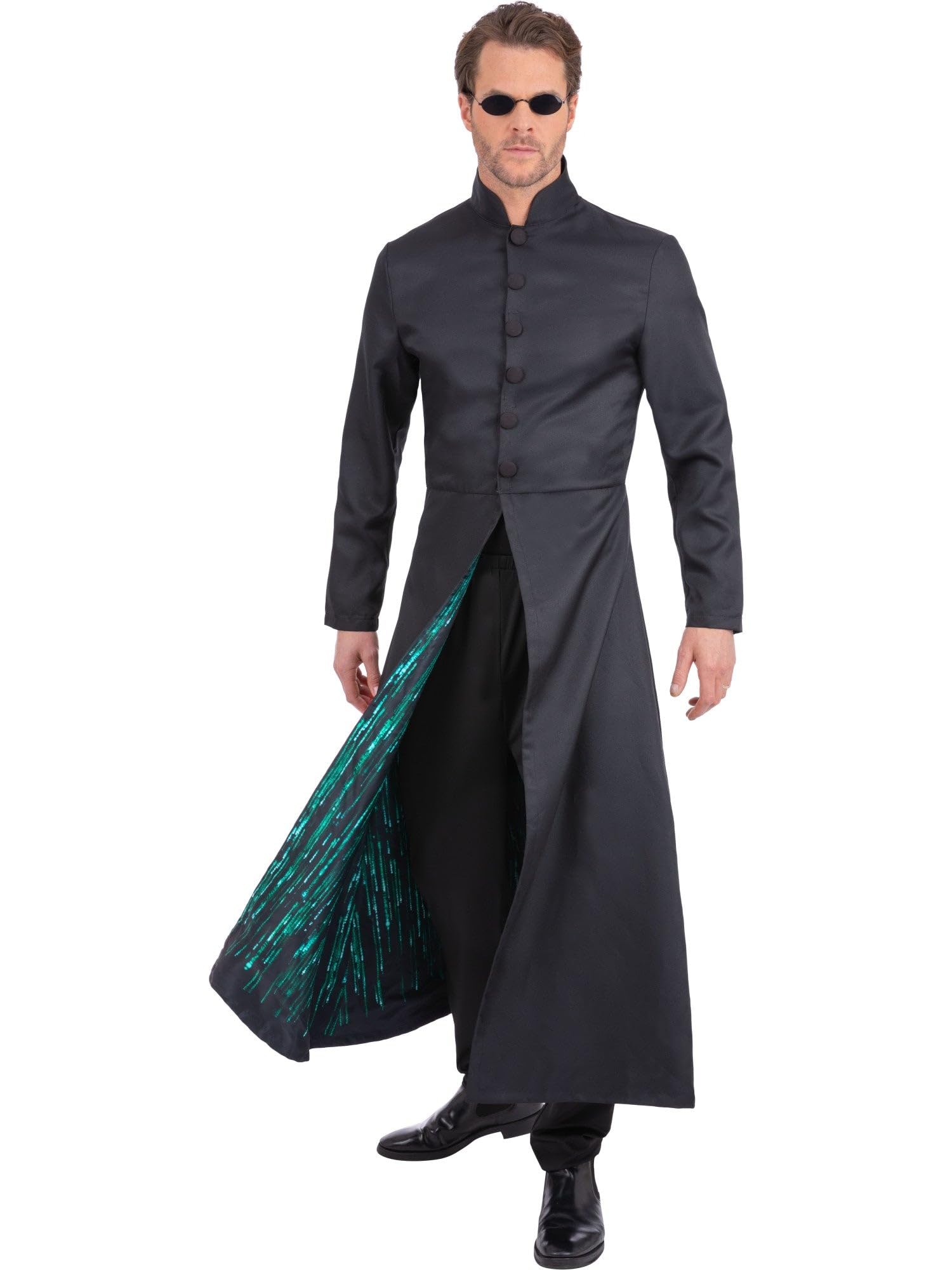 The Matrix Neo Costume Jacket for Men, Official Licensed Black Long Trench Coat with Digital Print Lining, Sci-Fi Cosplay Outfit for Halloween and Movie Fancy Dress