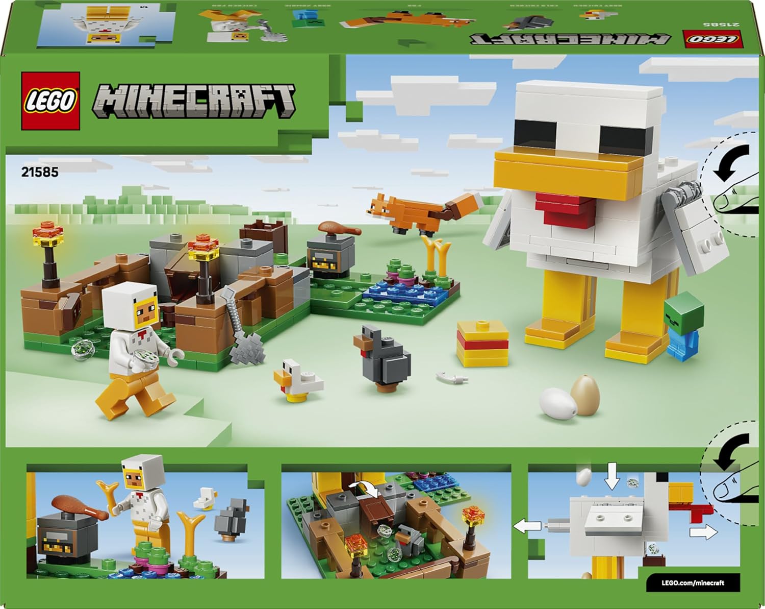 LEGO Minecraft Chicken Farm - Building Toy w/a Chicken Fan Minifigure, Baby Zombie & Fox Mob Figures - Gamer Gift for 7+ Year Old Boys & Girls - 21585