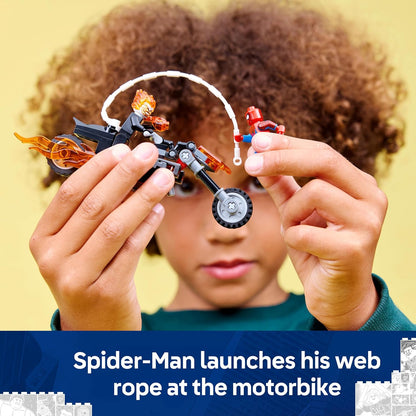 LEGO | Marvel Spider-Man vs. Ghost Rider Motorcycle - Superhero Toy w/a Motorbike Model, 2 Minifigures, Web String & Fire Elements - Gift for 6+ Year Old Boys - 76335