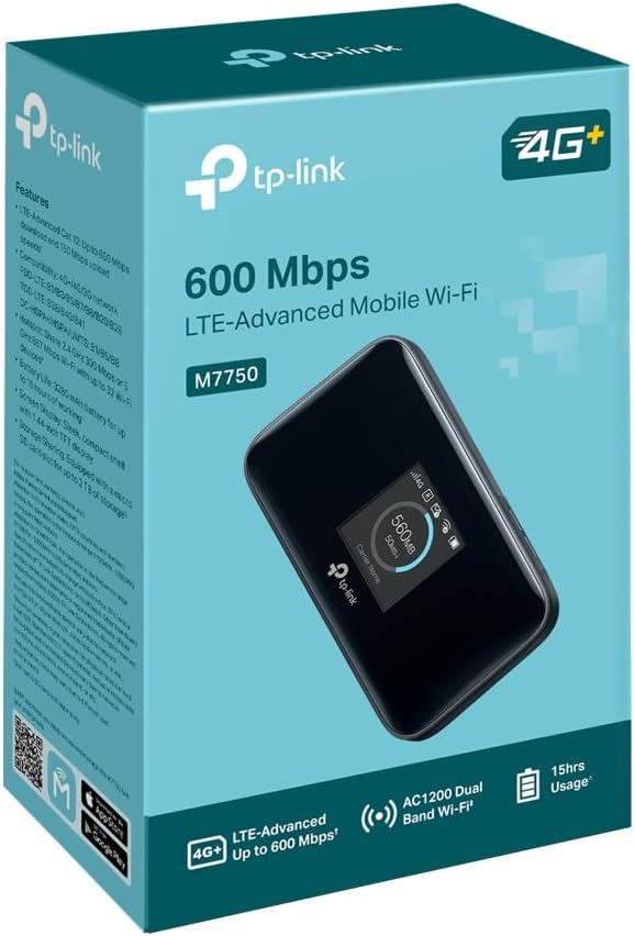 TP-Link M7750 4G+ Cat12 LTE Router with Sim Slot,Dual Band Mobile WiFi Router,600Mbps Portable WiFi,Plug and Play MIFI,Screen Display,Long Battery Life,Micro SD card Storage,APP Control,Compact design