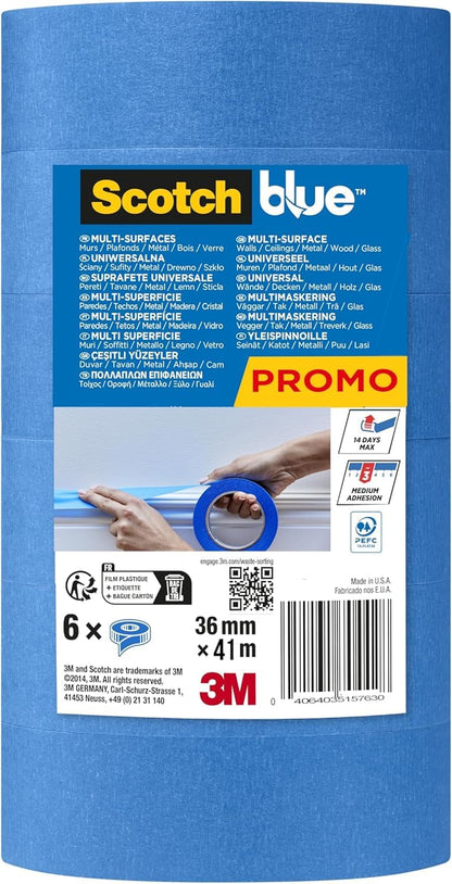 ScotchBlue Multi-Surface Masking Tape, 6 Rolls, 36 mm x 41 m - Scotch Adhesive Blue Painters Tape, For Painting and Decorating, Indoor & Outdoor, Sticks Well, 70% PEFC