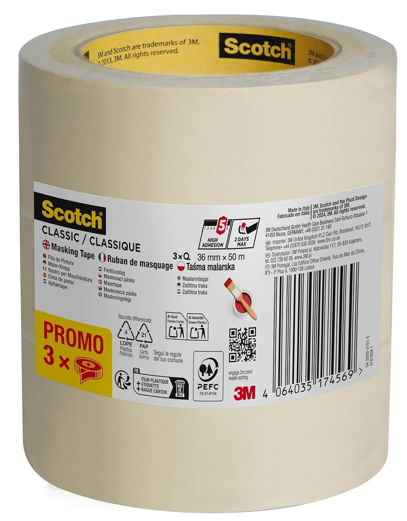 Scotch Classic Masking Tape, Promo Pack of 3 Rolls, 36 mm x 50 m, Beige - Painters Masking Tape for Indoor Painting and Decorating, 70% PEFC