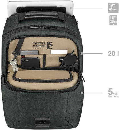 Wenger MX ECO Professional laptop backpack with tablet pocket, notebook up to 16 inches, tablet of up to 10 inches, organizer, 20 L, for men and women, office, business travel or uni, black, 612261