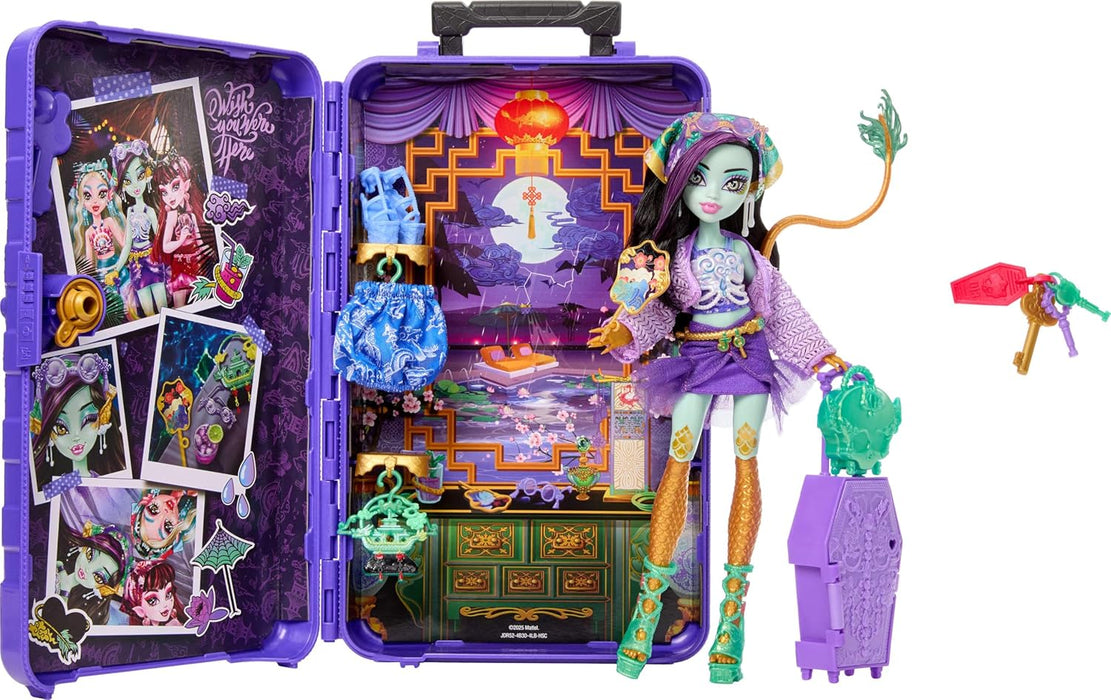 Monster High Skulltimate Secrets Jinafire Long Doll and Accessories Set, Destination: Gore-geous Oasis with Suitcase and 19+ Surprises like Clothes, JDR52