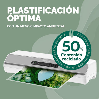 Fellowes Fundas plastificar A5, pack de 100, acabado mate, uso ocasional 75/80 micras, 50% contenido reciclado, fundas plastificar para profesores y oficinas