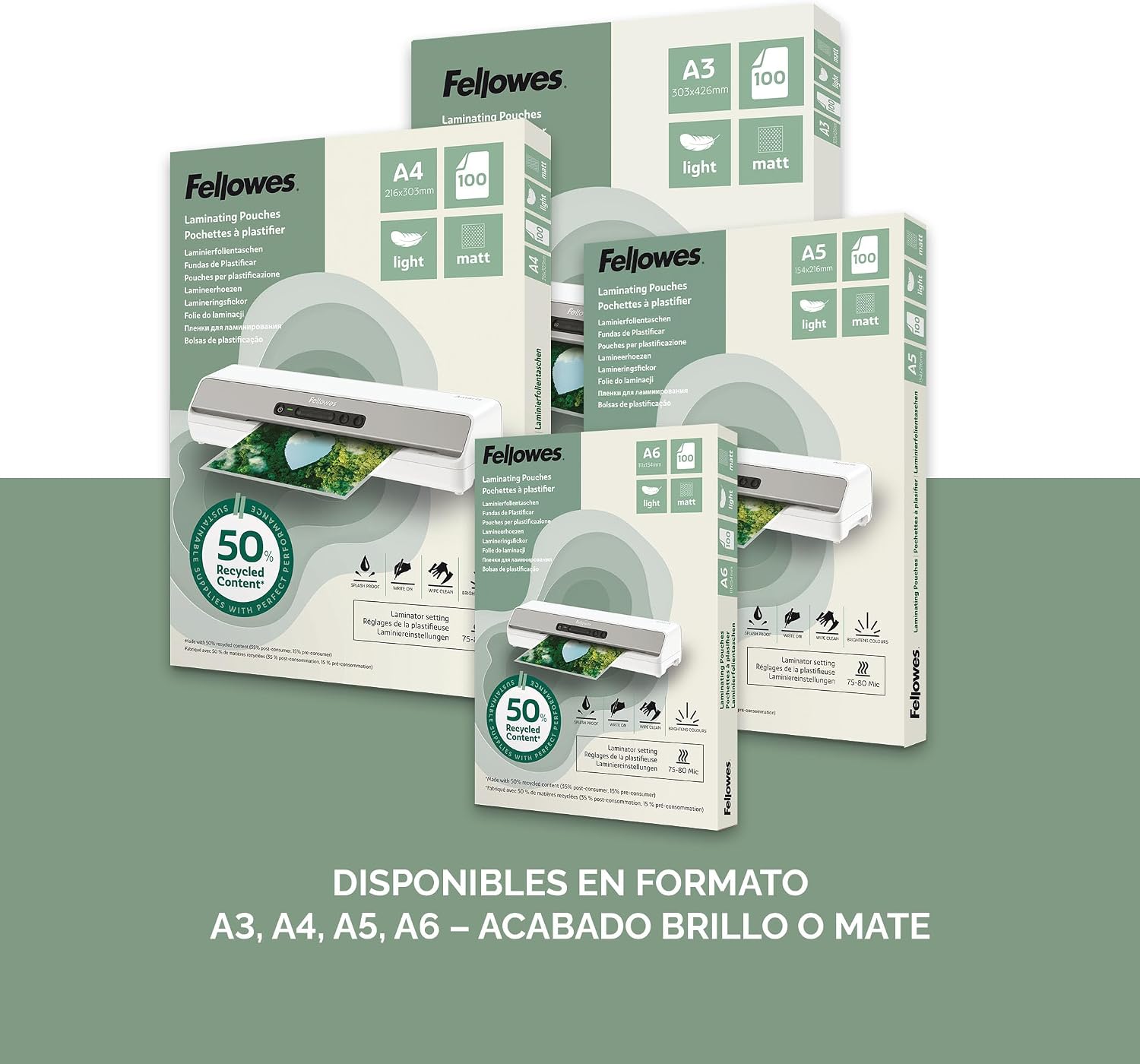 Fellowes Fundas plastificar A5, pack de 100, acabado mate, uso ocasional 75/80 micras, 50% contenido reciclado, fundas plastificar para profesores y oficinas