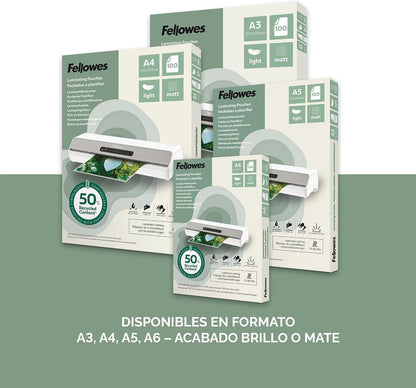 Fellowes Fundas plastificar A5, pack de 100, acabado mate, uso ocasional 75/80 micras, 50% contenido reciclado, fundas plastificar para profesores y oficinas