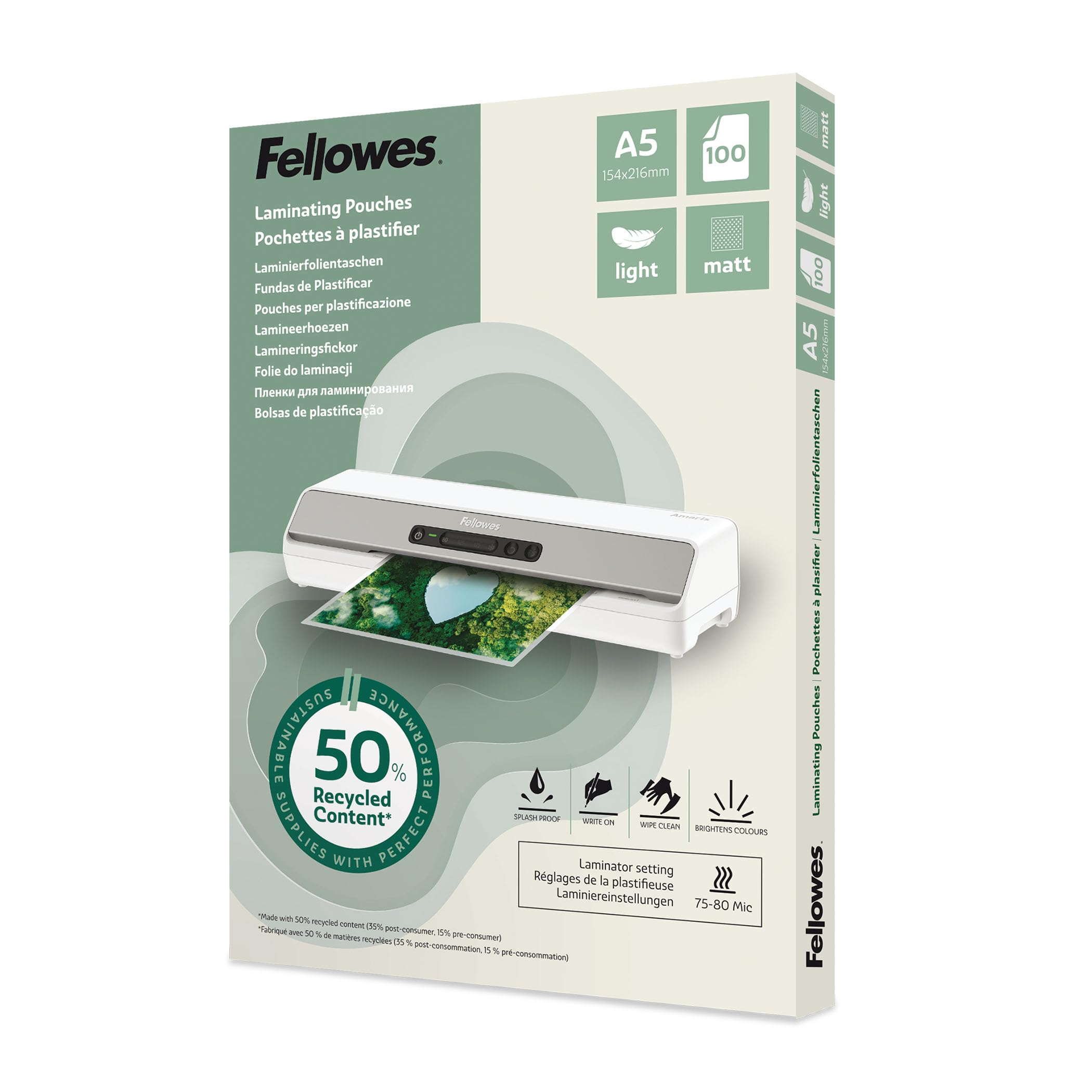 Fellowes A5 Pouches per Plastificazione – 100 Pezzi, Finitura Opaca, 75/80 Micron, 50% Plastica Riciclata – Ideali per Ufficio e Scuola