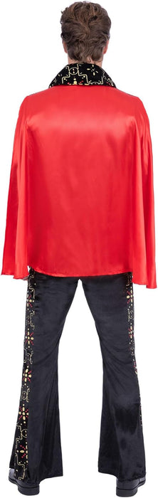 Smiffys Elvis Black Rhinestone Costume for Men, Official Licensed Rock &Roll Outfit, Black Printed Jumpsuit, Sparkling Rhinestone Detail, Red Cape, 70s Icon Fancy Dress for Halloween & Parties