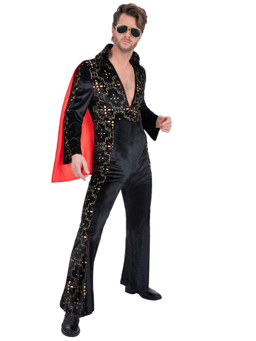 Smiffys Elvis Black Rhinestone Costume for Men, Official Licensed Rock &Roll Outfit, Black Printed Jumpsuit, Sparkling Rhinestone Detail, Red Cape, 70s Icon Fancy Dress for Halloween & Parties