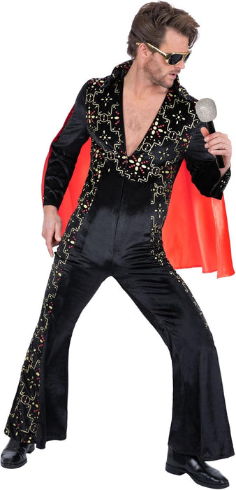 Smiffys Elvis Black Rhinestone Costume for Men, Official Licensed Rock &Roll Outfit, Black Printed Jumpsuit, Sparkling Rhinestone Detail, Red Cape, 70s Icon Fancy Dress for Halloween & Parties