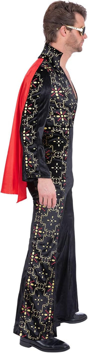 Smiffys Elvis Black Rhinestone Costume for Men, Official Licensed Rock &Roll Outfit, Black Printed Jumpsuit, Sparkling Rhinestone Detail, Red Cape, 70s Icon Fancy Dress for Halloween & Parties