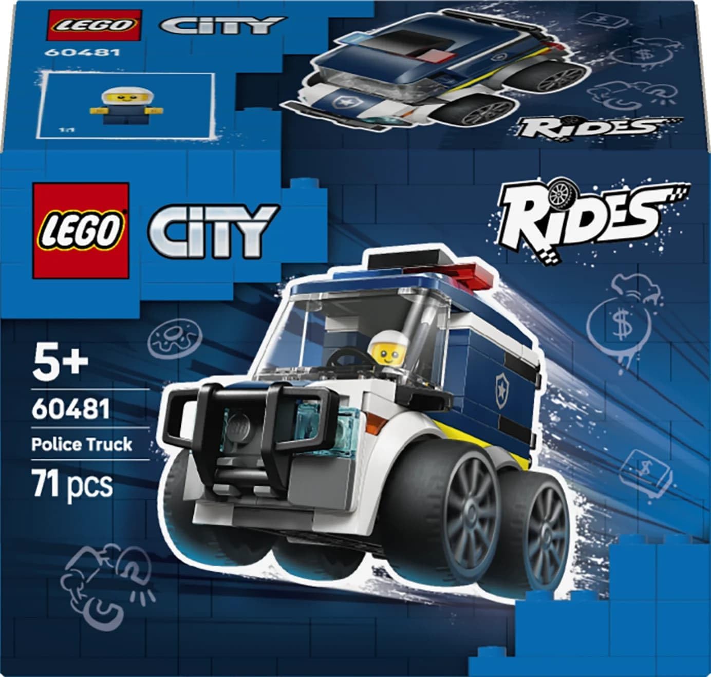 LEGO City Rides – Police Truck Toy - Emergency Vehicles Building Set w/a Police Officer Junior Minifigure - Party Bag Fillers - Small Collectible Gift for 5+ Year Old Boys - 60481