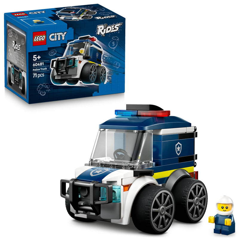 LEGO City Rides – Police Truck Toy - Emergency Vehicles Building Set w/a Police Officer Junior Minifigure - Party Bag Fillers - Small Collectible Gift for 5+ Year Old Boys - 60481