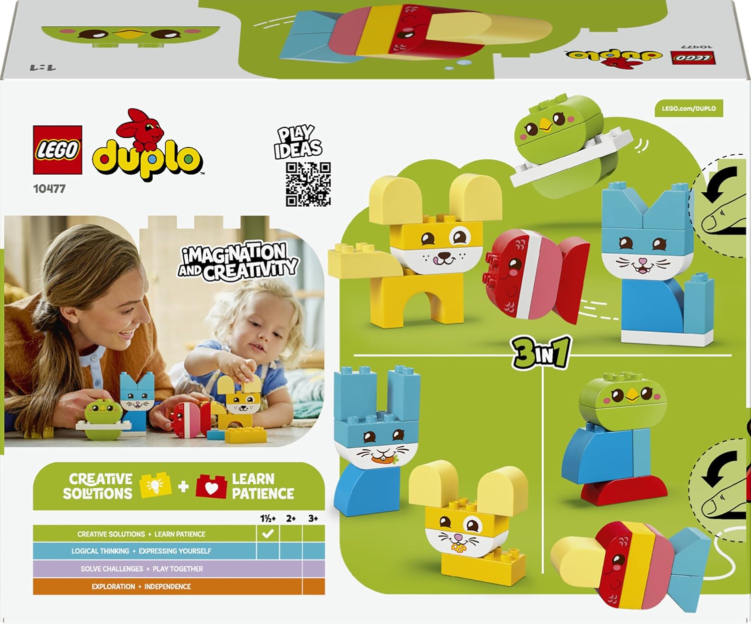 LEGO DUPLO 3 in 1 Creative Cute Pets - Educational Fine Motor Skills Toy for Toddlers - Animal Figures incl. Dog, Cat, Bird & Fish - Birthday Gift for 1+ Year Old Babies, Girls & Boys - 10477
