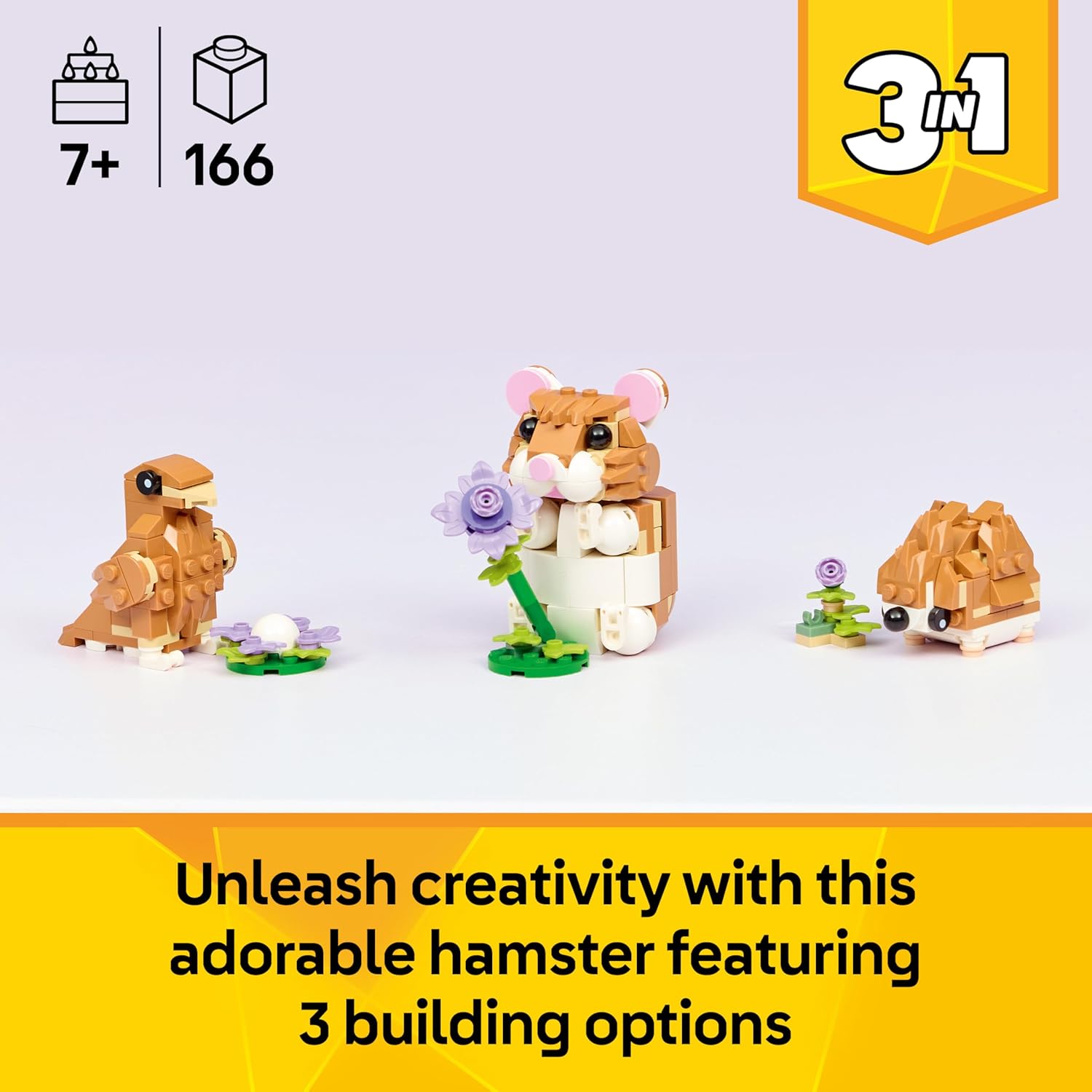 LEGO Creator 3in1 Cute Hamster with a Flower Toy - Animal Figure Transforms into a Hedgehog or Eagle - DIY Room Decor Idea - Birthday Gift for 7+ Year Old Girls & Boys - 31376
