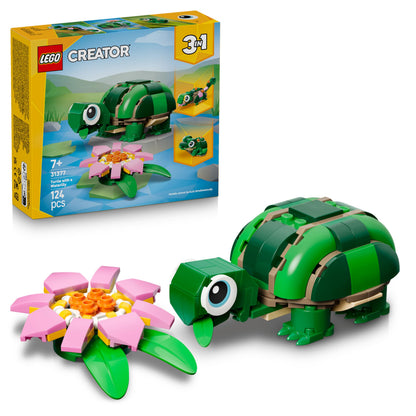 LEGO Creator 3in1 Turtle with a Water Lily Flower Toy - Animal Figure Transforms into a Chameleon or Frog - DIY Desk Decor Idea - Birthday Gift for 7+ Year Old Girls & Boys - 31377