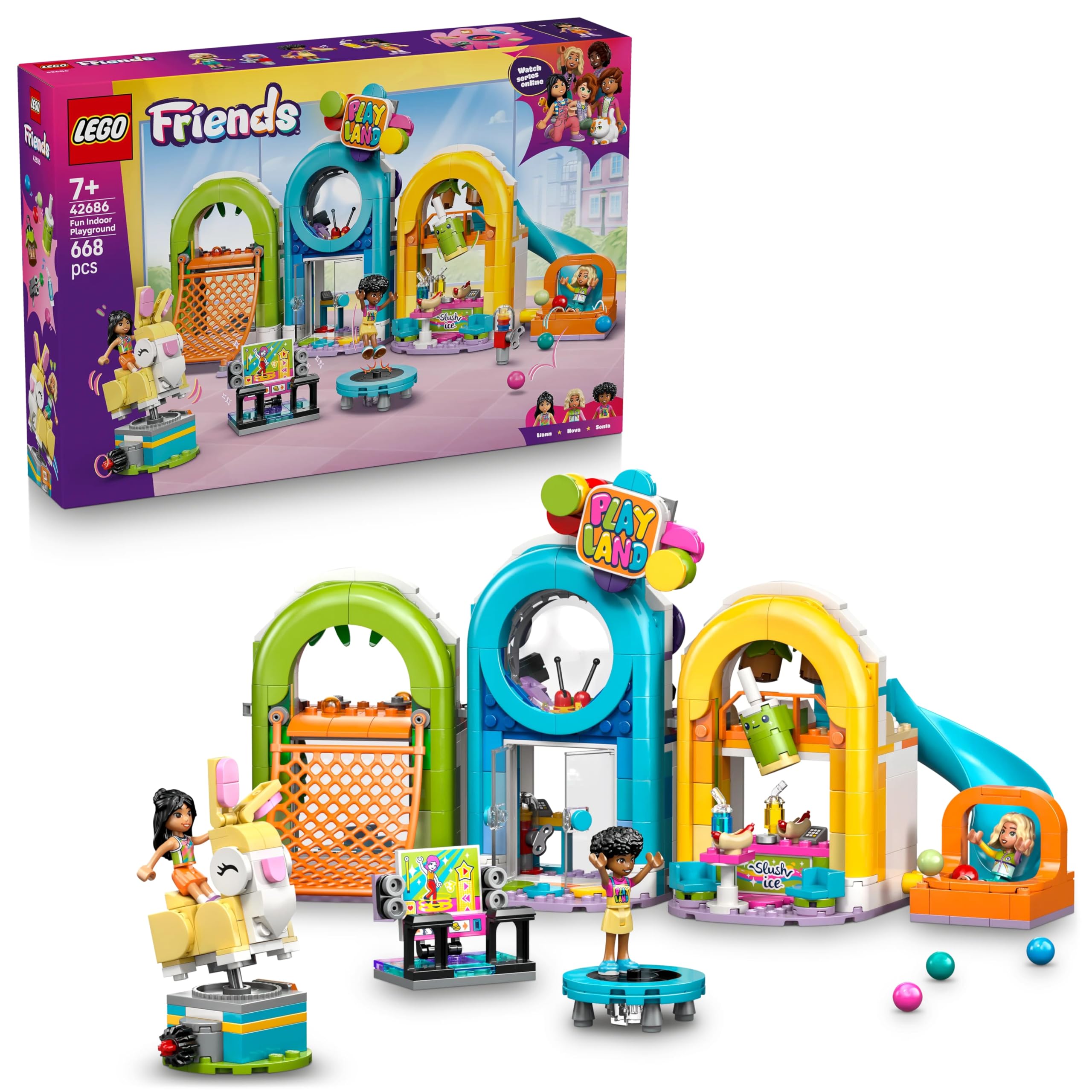 LEGO Friends Fun Indoor Playground - Creative Toy w/a Slide, Ball Pit, Roundabout, Snack Bar, 3 Mini Dolls & Accessories - Birthday Gift for 7+ Year Old Girls - 42686