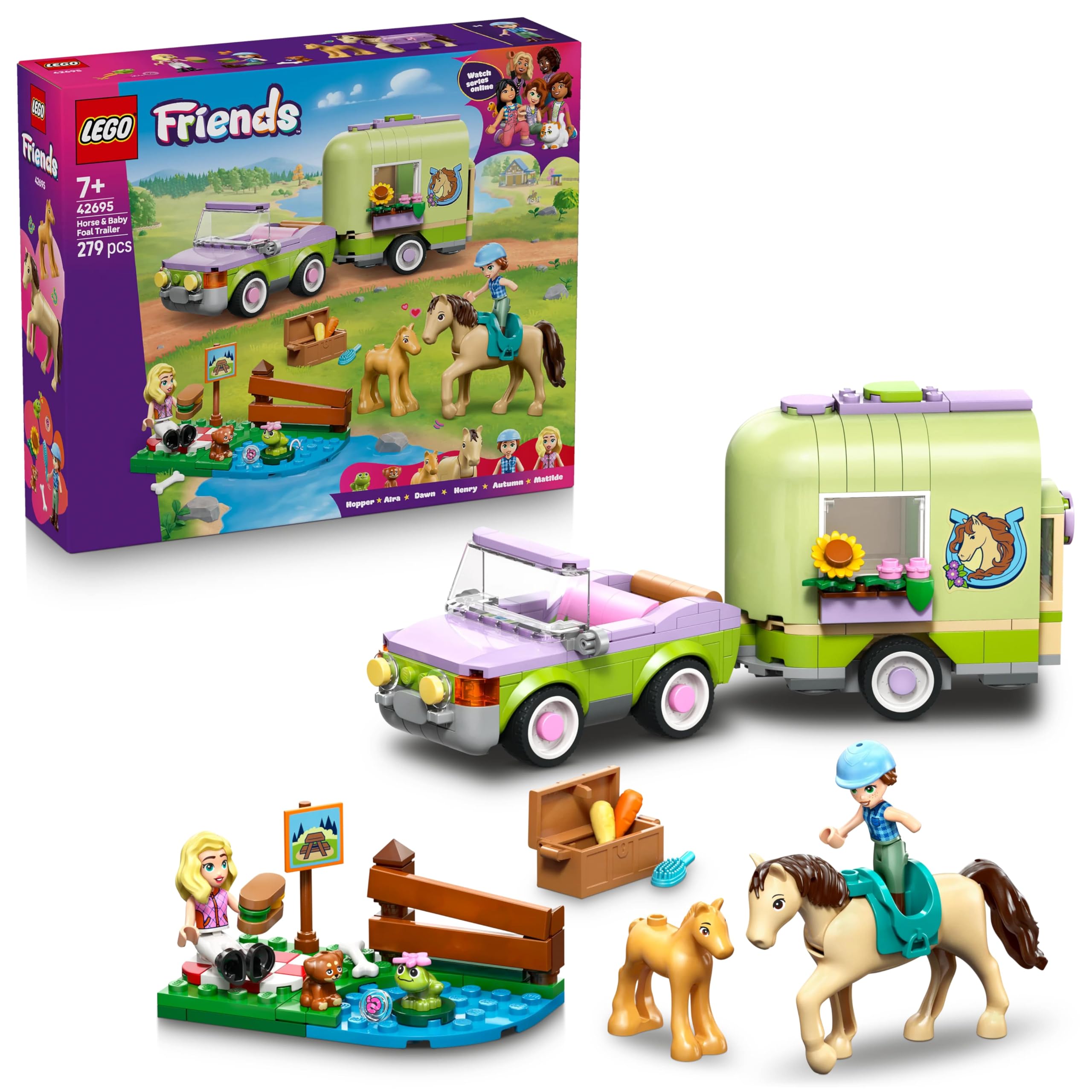 LEGO Friends Horse & Baby Foal Trailer - Horse Toy Playset w/Grooming Accessories, 4 Animal Figures, Car & 2 Mini Dolls - Birthday Gift Idea for 7+ Year Old Girls - 42695