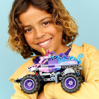 LEGO Technic Monster Jam Sparkle Smash Pull-Back Truck Toy - Pink Unicorn Themed Race Car Model Kit - Creative Birthday Gift for 7+ Year Old Boys, Girls & Fans - 42220