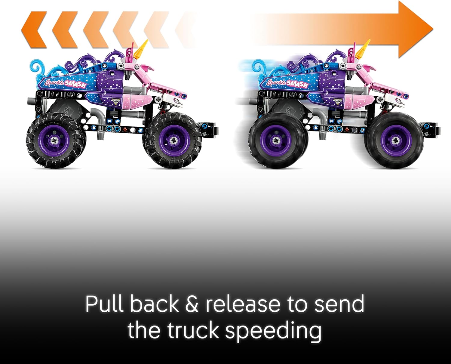 LEGO Technic Monster Jam Sparkle Smash Pull-Back Truck Toy - Pink Unicorn Themed Race Car Model Kit - Creative Birthday Gift for 7+ Year Old Boys, Girls & Fans - 42220