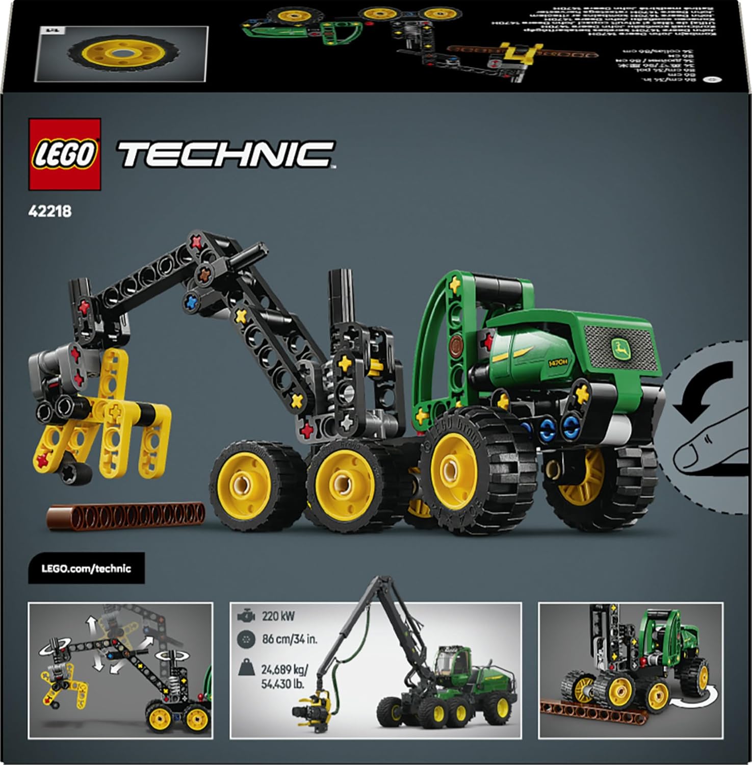 LEGO Technic John Deere 1470H Wheeled Harvester - Construction Vehicle Toy - STEM Model Kit w/a Rotating Boom & Working Claw - Gift for 7+ Year Old Boys - 42218