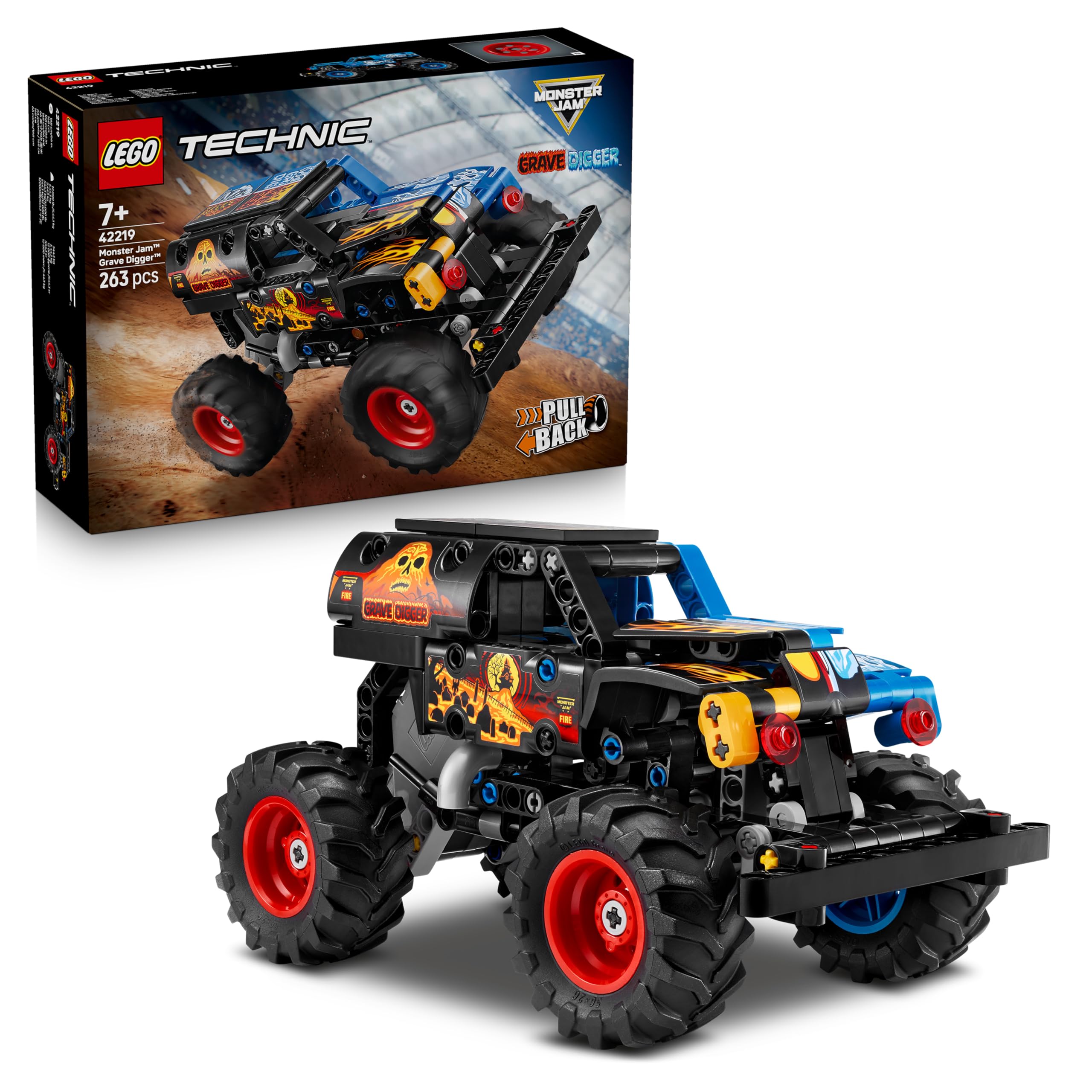 LEGO Technic Monster Jam Grave Digger Fire and Ice - Pull-Back Truck Toy - Race Car Model Kit w/Authentic Details - Birthday Gift for 7+ Year Old Boys, Girls & Fans - 42219