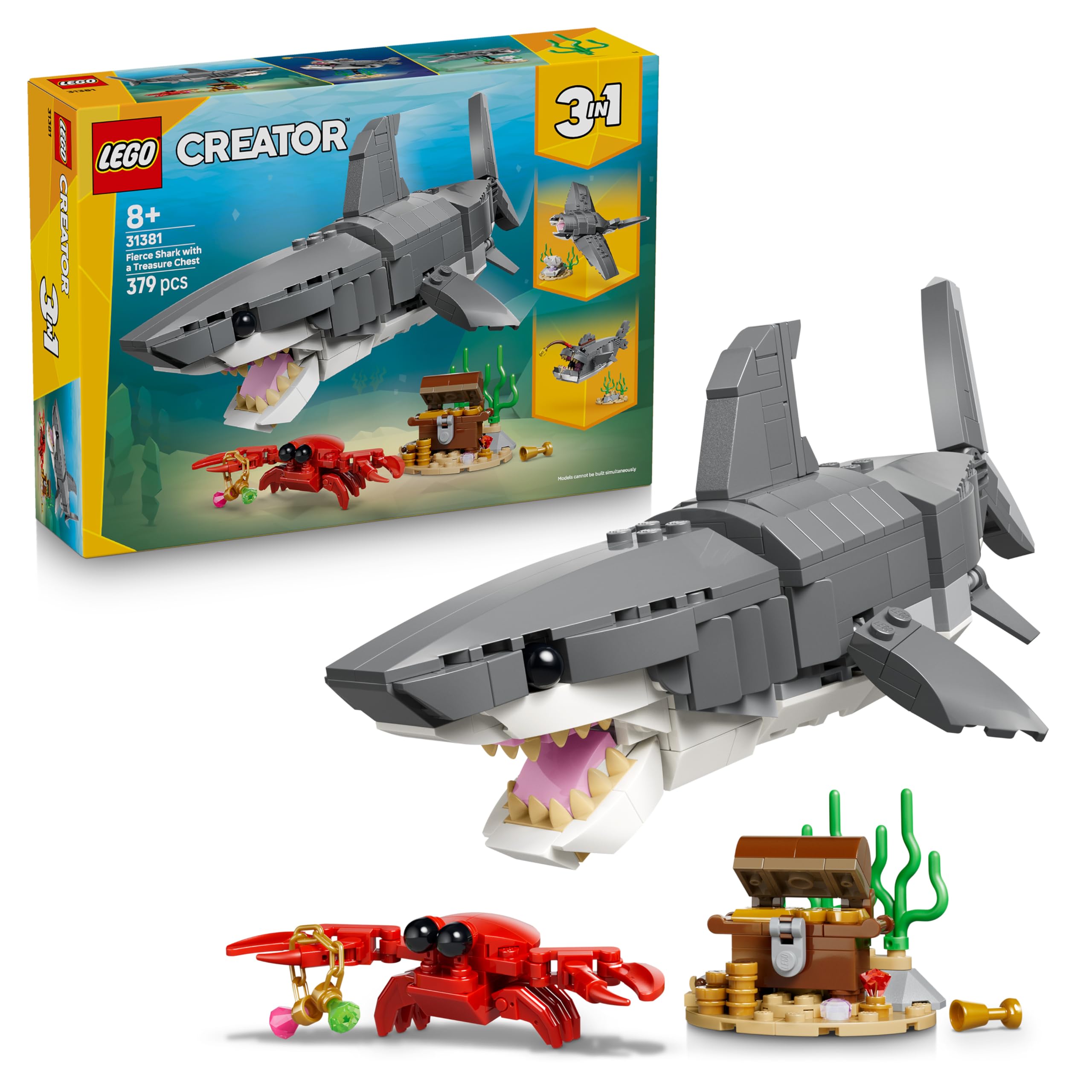 LEGO Creator 3in1 Fierce Shark with a Treasure Chest Toy - Sea Animal Figure Transforms into an Anglerfish or Manta Ray - Room Decor Idea for 8+ Year Old Boys & Girls - 31381