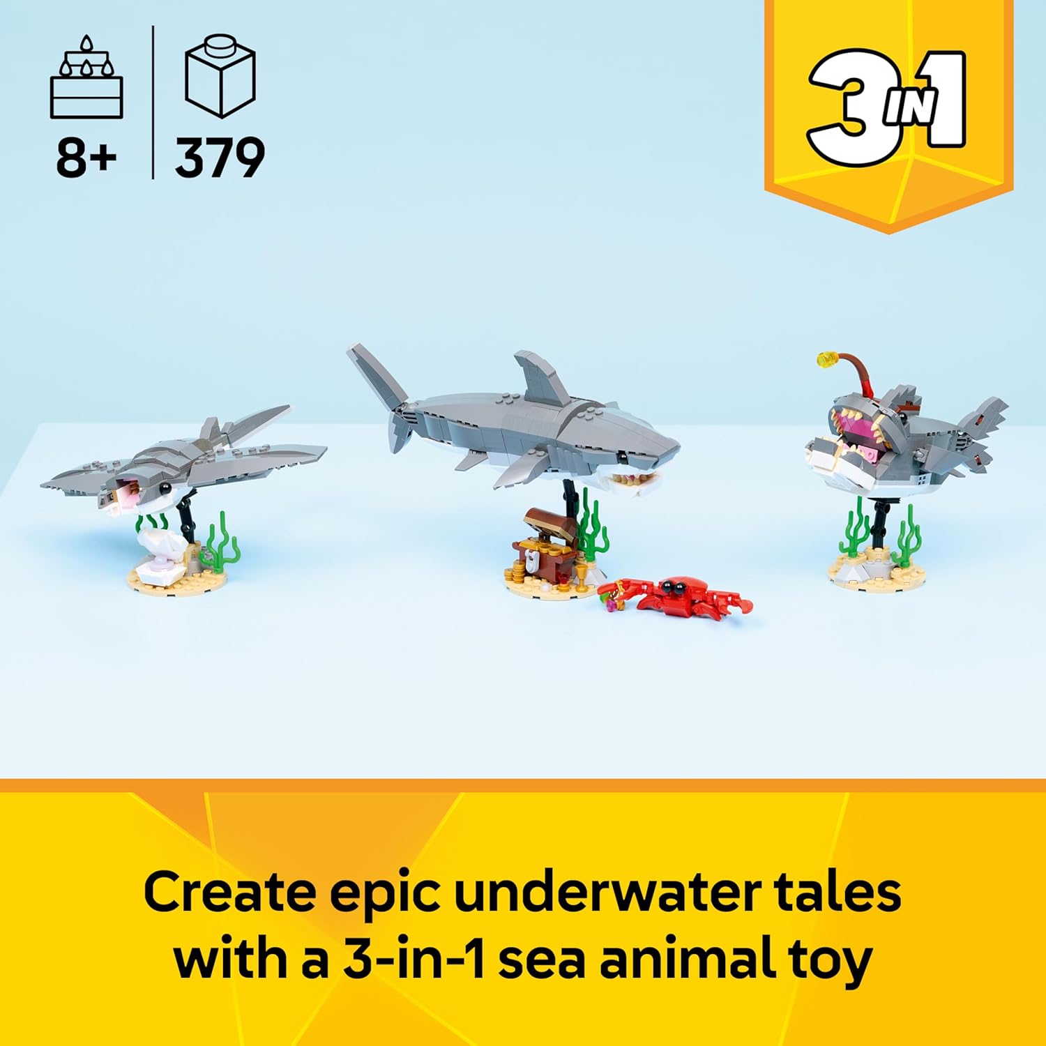 LEGO Creator 3in1 Fierce Shark with a Treasure Chest Toy - Sea Animal Figure Transforms into an Anglerfish or Manta Ray - Room Decor Idea for 8+ Year Old Boys & Girls - 31381