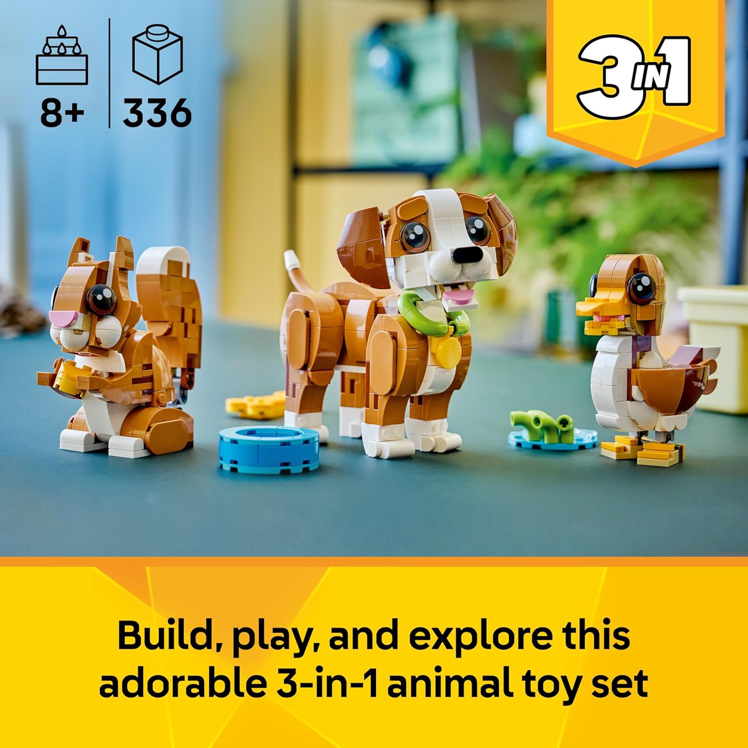 LEGO Creator 3in1 Cute Animals: Playful Puppy Dog Toy - Pet Animal Figure Transforms into a Squirrel or Duck - Creative Birthday Gift for 8+ Year Old Girls & Boys - 31382