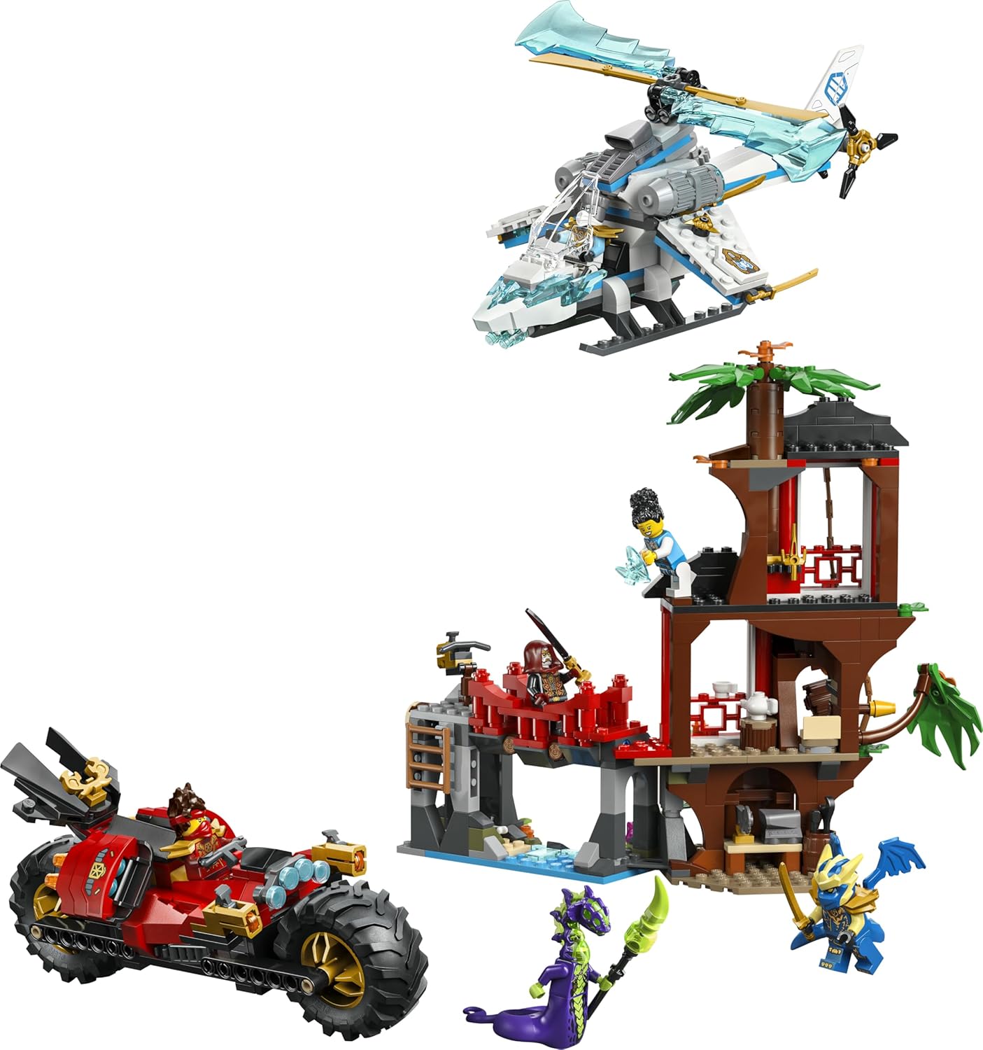 LEGO NINJAGO Ninja Vehicle Tree House Battle - Action Toy w/a Motorbike, Helicopter, 6 Minifigures & Swords - Gift for 7+ Year Old Boys & Fans - 71857