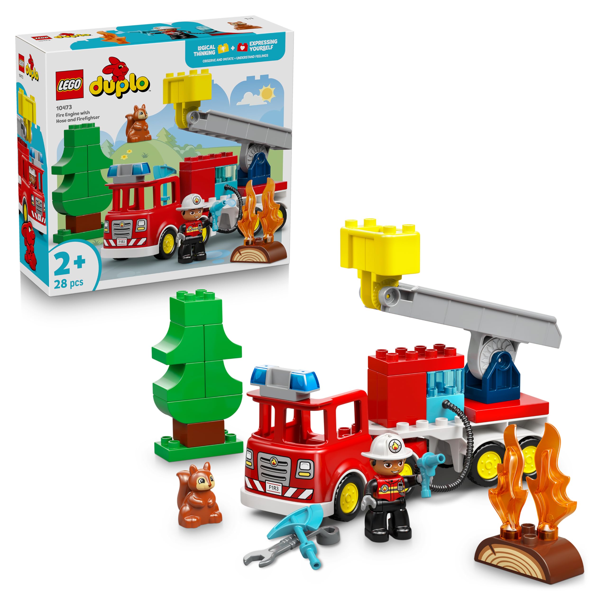LEGO DUPLO Fire Engine with Hose and Firefighter - Educational Motor Skills Toy - Red Truck w/a Ladder, Figure and a Squirrel - Birthday Gift for 2+ Year Old Boys & Girls - 10473