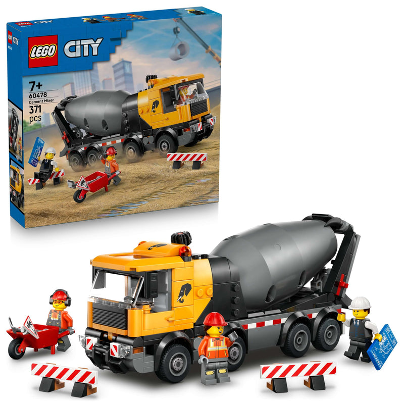 LEGO City Cement Mixer Truck Toy - Educational Construction Site Vehicle Model w/ 3 Minifigures, Rotating Drum & Pouring Function - Birthday Gift Idea for 7+ Year Old Boys - 60478